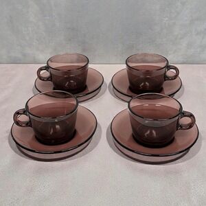 Vintage Vereco France Amethyst Glass Cup Saucer SET OF 4 Espresso Tea Coffee